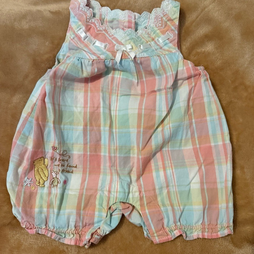 Disney Classic Pooh Vintage Pastel Plaid Bubble Romper 3M Pink Blue Cotton